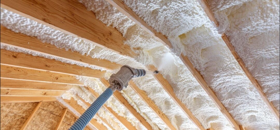 Spray foam insulation being applied between attic rafters to seal gaps and improve energy efficiency.