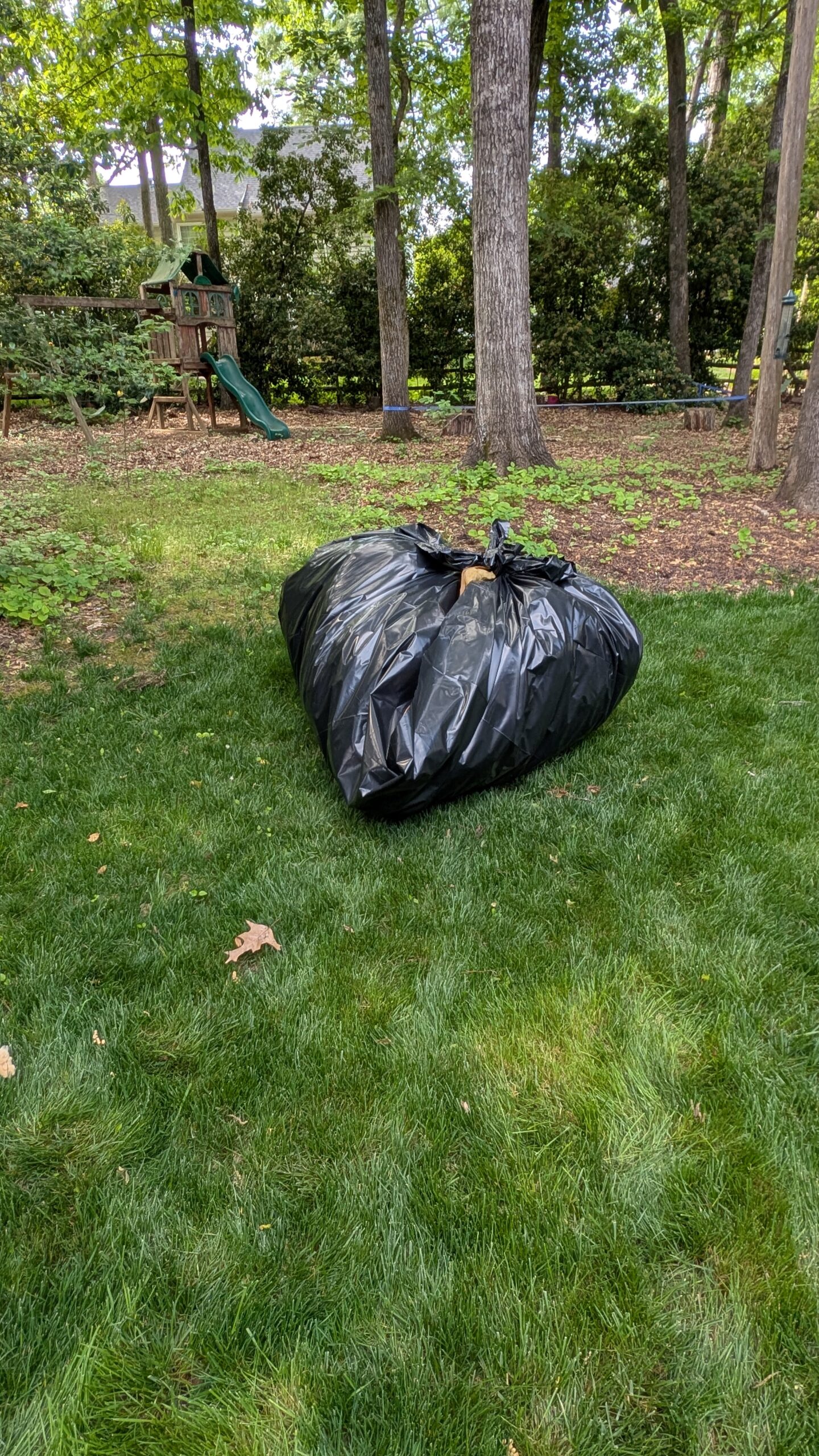 A large black trash bag filled with yard waste sits on green grass in a backyard with trees and a wooden playset in the background.