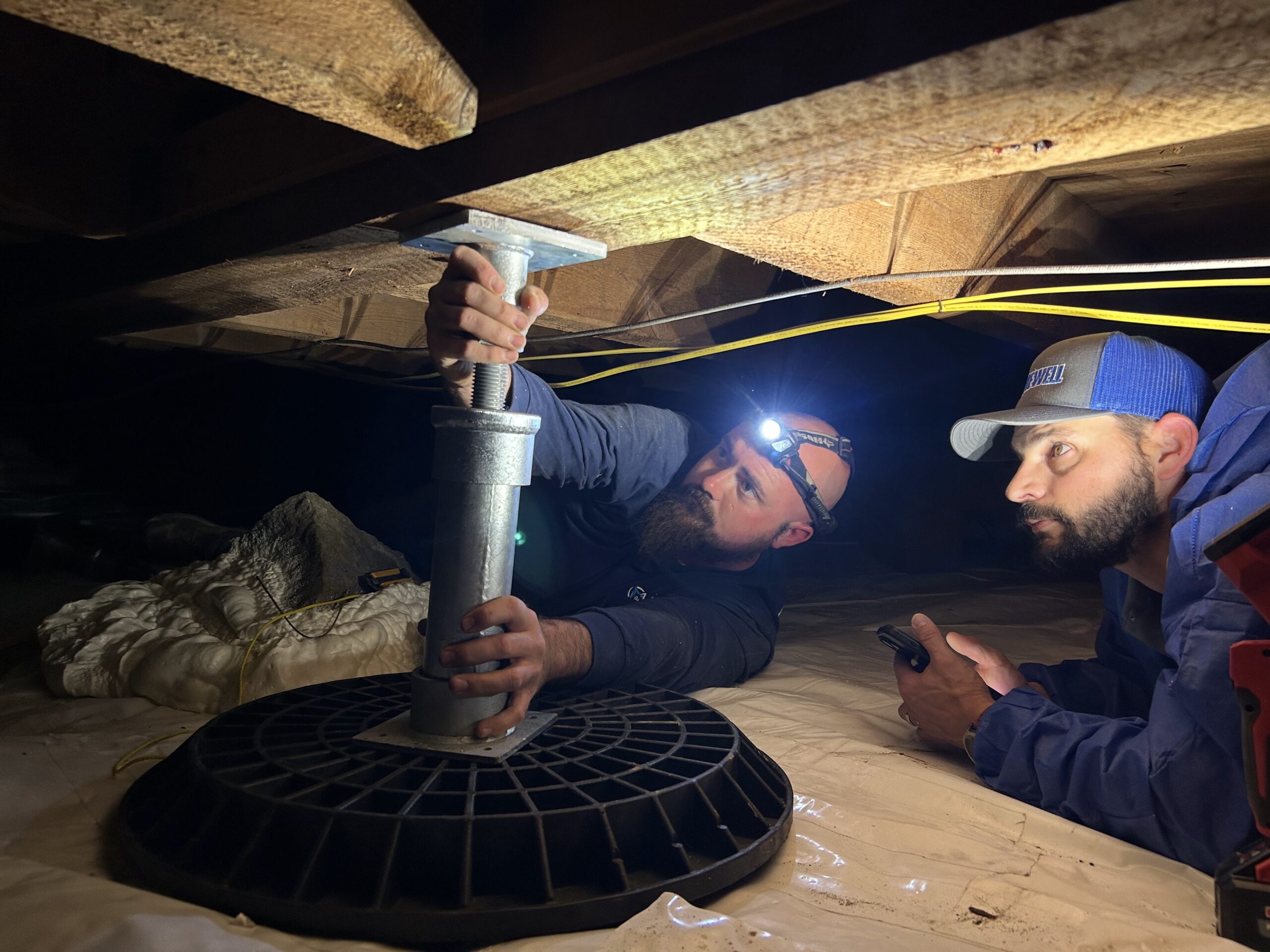 Two men are installing a metal support jack under a wooden floor in a crawl space; one wears a headlamp for visibility.